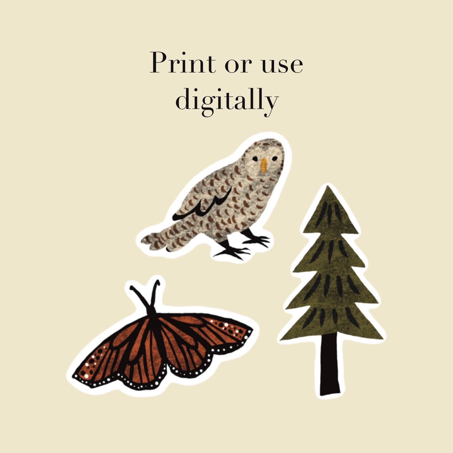 Forest Stickers PNG – Printable Sticker Sheet & Clipart Pack, Cozy Hand-Drawn Digital Download for Planners, Bujo, Scrapbooking