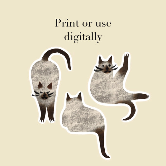 Siamese Cat Printable Sticker Sheet | Hand Drawn Journal and Scrapbook Stickers | PDF and PNG Download