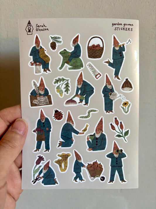 Garden Gnome Hand-Drawn Sticker Sheet | Decorative Stickers for Journals and Scrapbooks