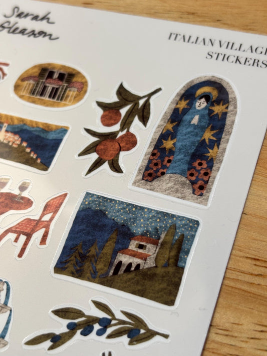 Italian Riviera Village Hand-Drawn Journal Sticker Sheet – Cozy Planner Stickers, Bujo, Scrapbooking