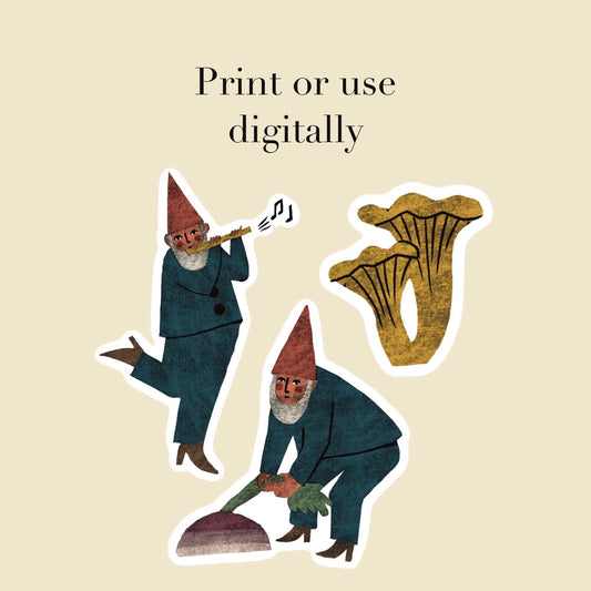Garden Gnomes Printable Sticker Sheet | Hand Drawn Journal and Scrapbook Stickers | PDF and PNG Download