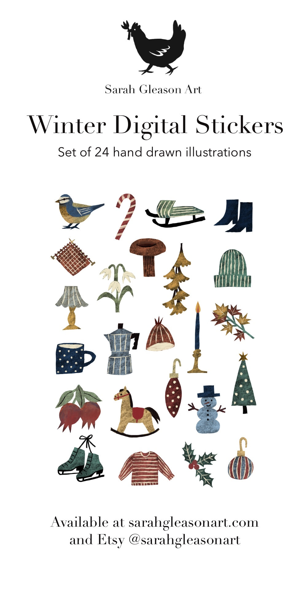 Winter Stickers PNG – Printable Sticker Sheet & Clipart Pack, Cozy Hand-Drawn Digital Download for Planners, Bujo, Scrapbooking
