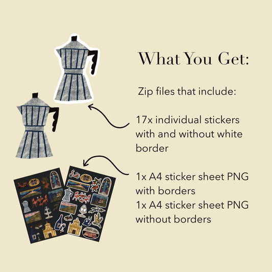 Italian Riviera Village Stickers PNG – Printable Sticker Sheet & Clipart Pack, Hand-Drawn Digital Download for Planners, Bujo, Scrapbooking