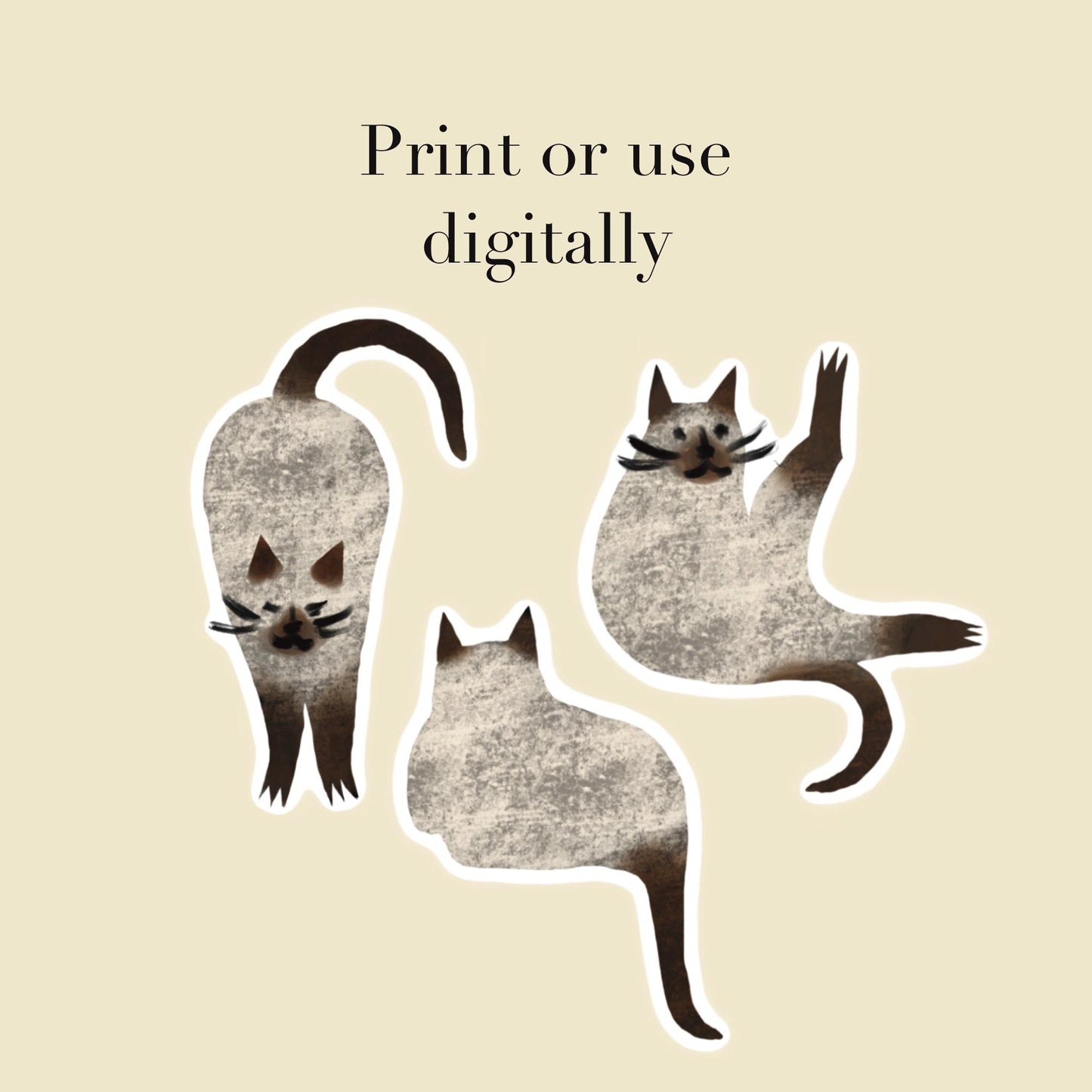 Siamese Cat Stickers PNG – Printable Sticker Sheet & Clipart Pack, Cozy Hand-Drawn Digital Download for Planners, Bujo, Scrapbooking