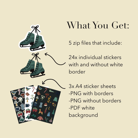 Winter Printable Sticker Sheet | Hand Drawn Journal and Scrapbook Stickers | PDF and PNG Download