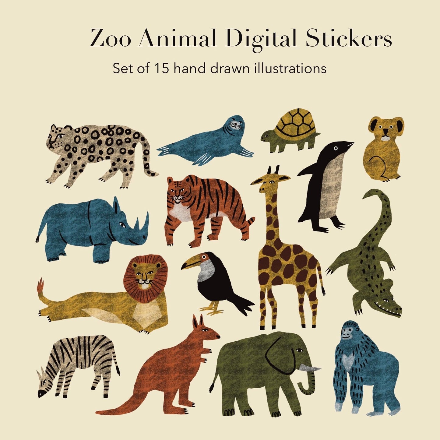 Zoo Animal Stickers PNG – Printable Sticker Sheet & Clipart Pack, Cozy Hand-Drawn Digital Download for Planners, Bujo, Scrapbooking