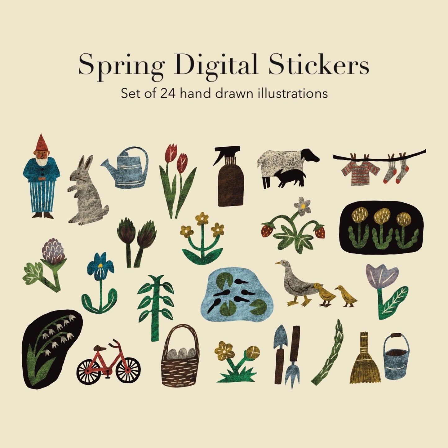 Spring Stickers PNG – Printable Sticker Sheet & Clipart Pack, Cozy Hand-Drawn Digital Download for Planners, Bujo, Scrapbooking