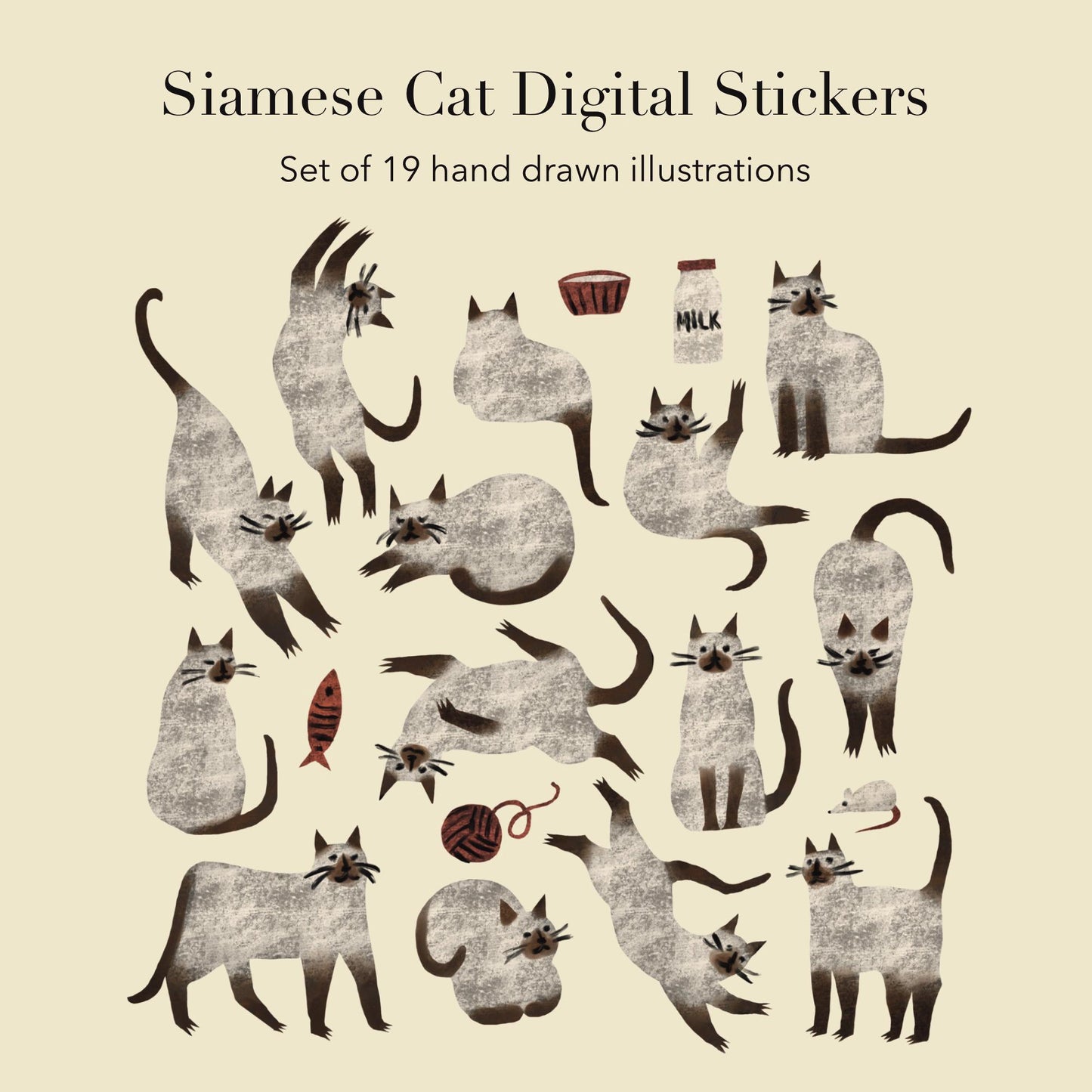 Siamese Cat Stickers PNG – Printable Sticker Sheet & Clipart Pack, Cozy Hand-Drawn Digital Download for Planners, Bujo, Scrapbooking