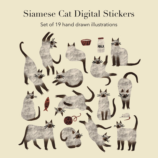 Siamese Cat Printable Sticker Sheet | Hand Drawn Journal and Scrapbook Stickers | PDF and PNG Download