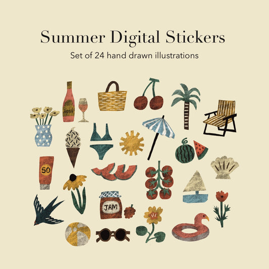 Summer Printable Sticker Sheet | Hand Drawn Journal and Scrapbook Stickers | PDF and PNG Download