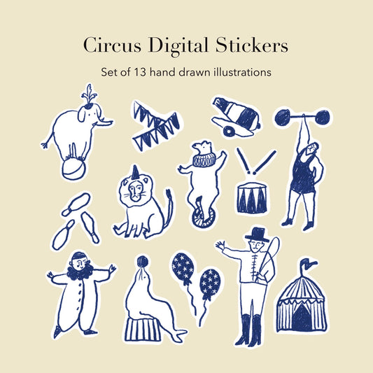 Circus Stickers PNG – Printable Sticker Sheet & Clipart Pack, Cozy Hand-Drawn Digital Download for Planners, Bujo, Scrapbooking