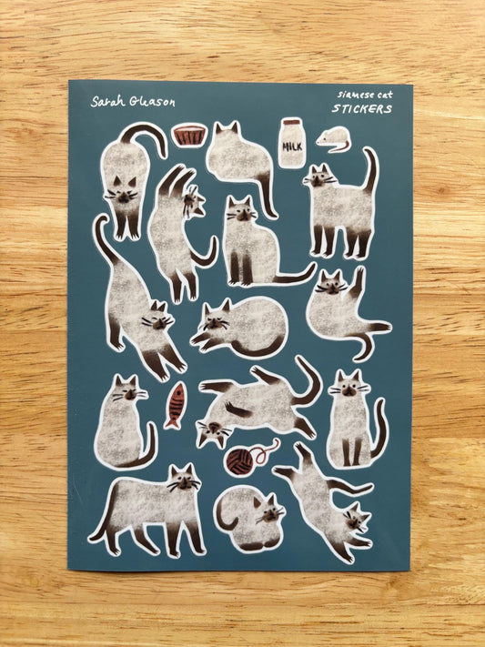 Siamese Cat Hand-Drawn Sticker Sheet | Decorative Stickers for Journals and Scrapbooks