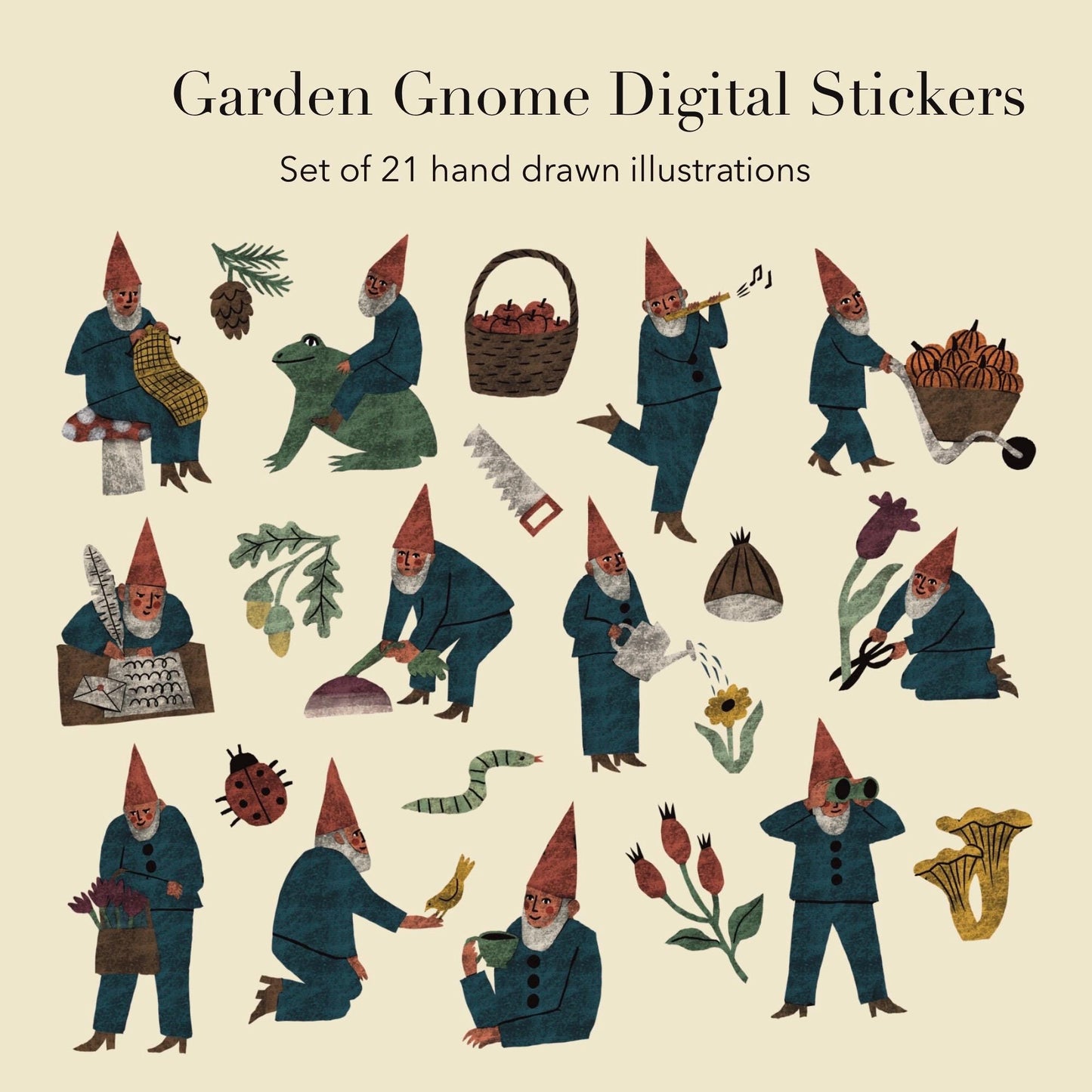 Garden Gnomes Stickers PNG – Printable Sticker Sheet & Clipart Pack, Cozy Hand-Drawn Digital Download for Planners, Bujo, Scrapbooking