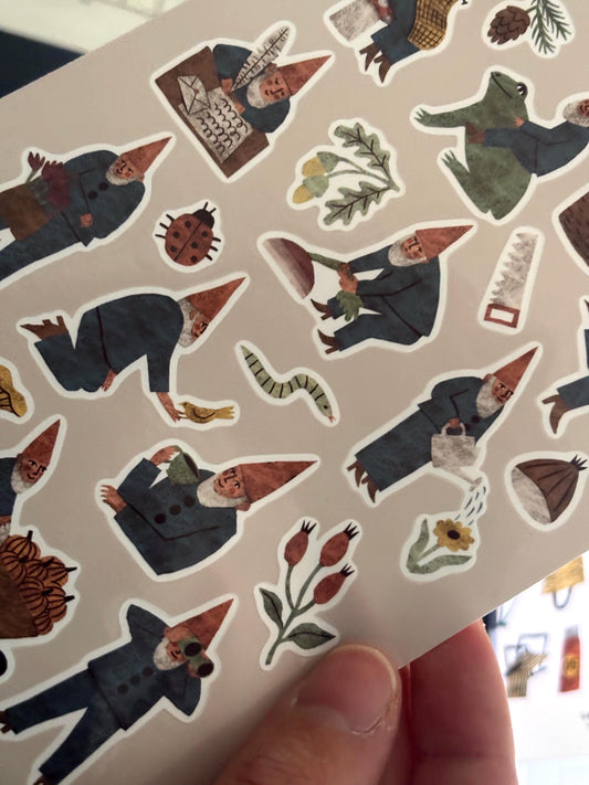 Garden Gnome Hand-Drawn Sticker Sheet | Decorative Stickers for Journals and Scrapbooks