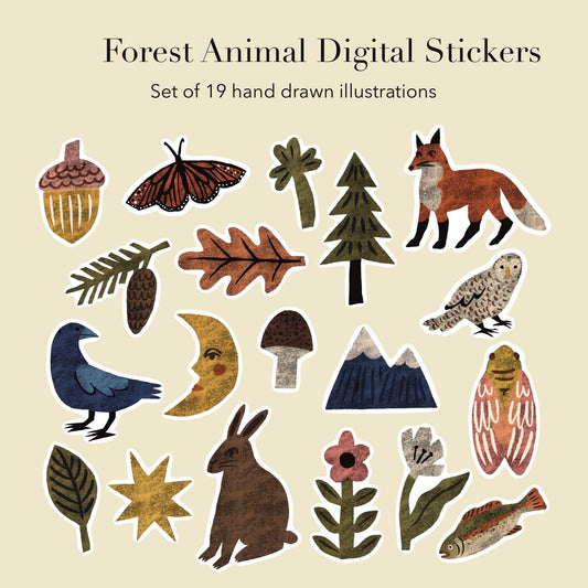 Forest Stickers PNG – Printable Sticker Sheet & Clipart Pack, Cozy Hand-Drawn Digital Download for Planners, Bujo, Scrapbooking