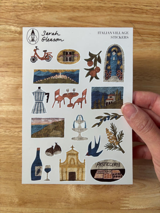 Italian Riviera Village Hand-Drawn Journal Sticker Sheet – Cozy Planner Stickers, Bujo, Scrapbooking