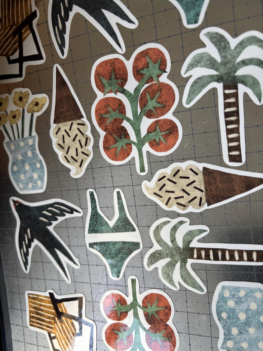 Summer Die Cut Stickers | Set of 7 Hand Drawn Journal and Scrapbook Stickers