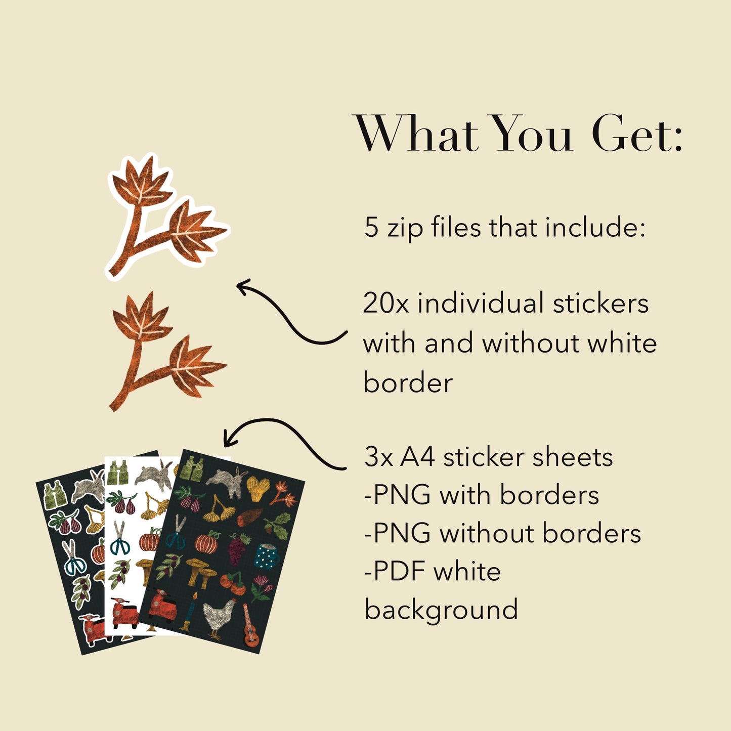 Autumn Stickers PNG – Printable Sticker Sheet & Clipart Pack, Cozy Hand-Drawn Digital Download for Planners, Bujo, Scrapbooking