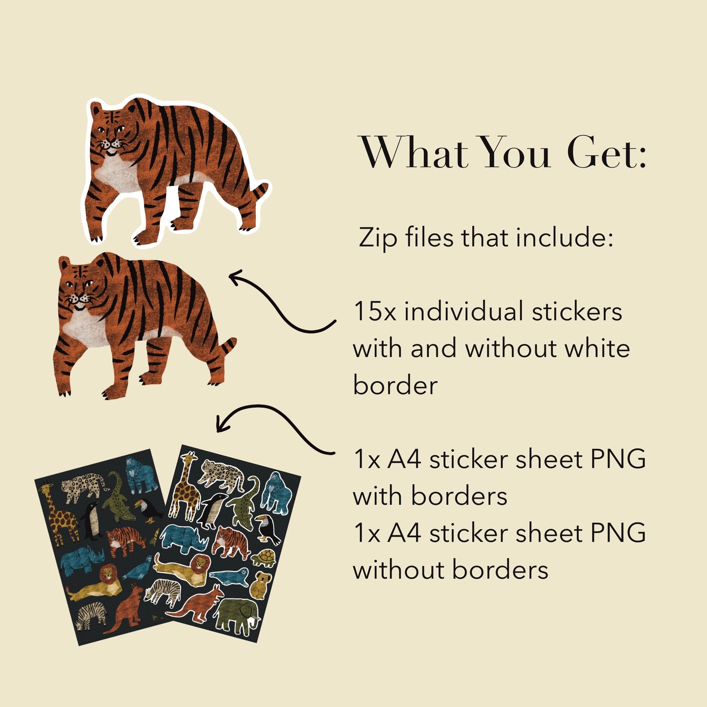 Zoo Animal Stickers PNG – Printable Sticker Sheet & Clipart Pack, Cozy Hand-Drawn Digital Download for Planners, Bujo, Scrapbooking