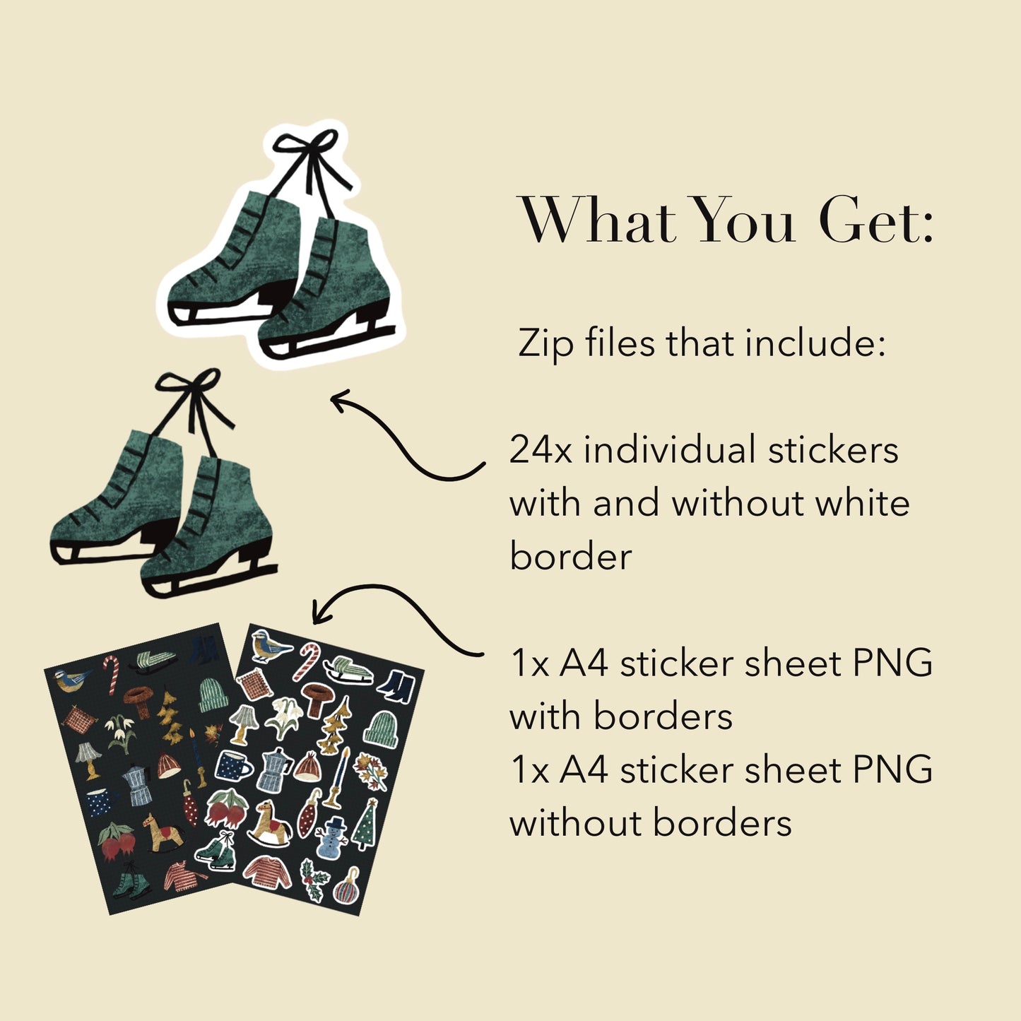 Winter Stickers PNG – Printable Sticker Sheet & Clipart Pack, Cozy Hand-Drawn Digital Download for Planners, Bujo, Scrapbooking