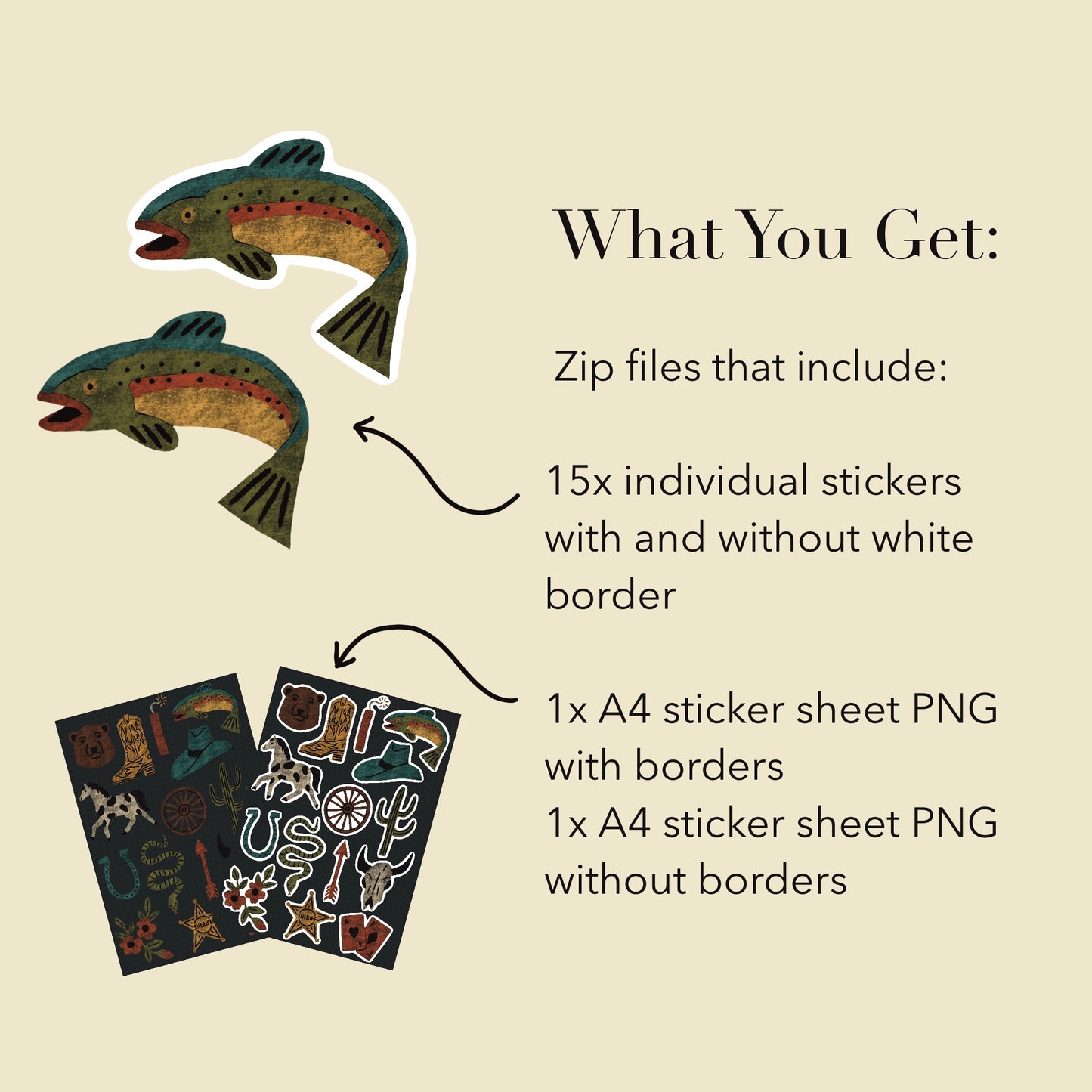 Wild West Stickers PNG – Printable Sticker Sheet & Clipart Pack, Cozy Hand-Drawn Digital Download for Planners, Bujo, Scrapbooking