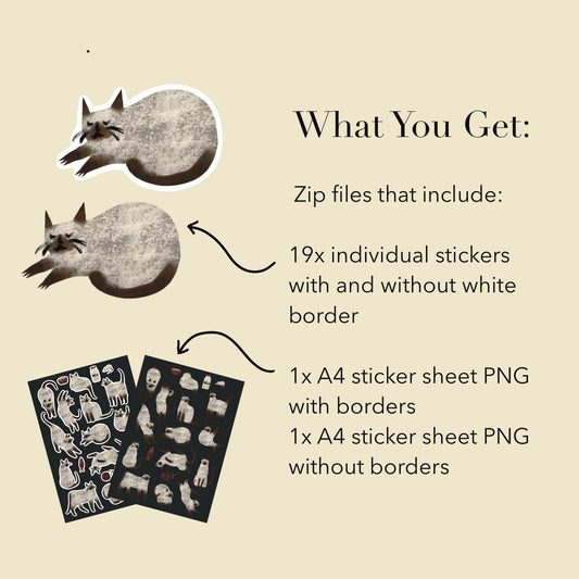 Siamese Cat Stickers PNG – Printable Sticker Sheet & Clipart Pack, Cozy Hand-Drawn Digital Download for Planners, Bujo, Scrapbooking