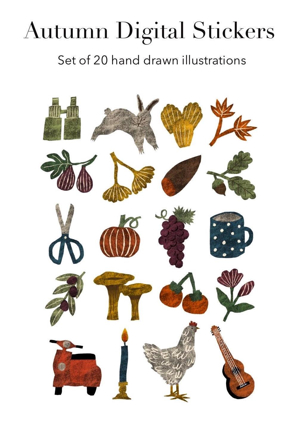 Autumn Stickers PNG – Printable Sticker Sheet & Clipart Pack, Cozy Hand-Drawn Digital Download for Planners, Bujo, Scrapbooking