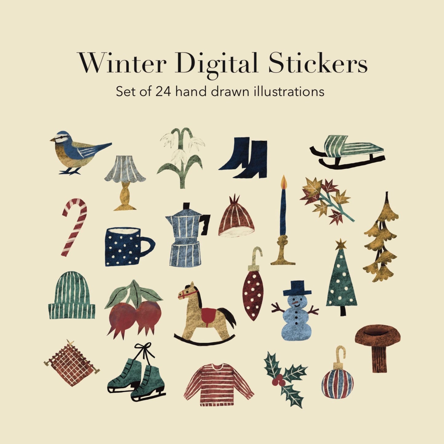 Winter Stickers PNG – Printable Sticker Sheet & Clipart Pack, Cozy Hand-Drawn Digital Download for Planners, Bujo, Scrapbooking