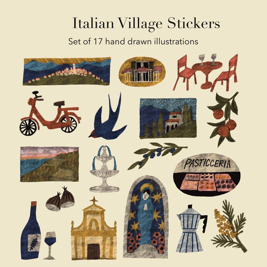 Italian Riviera Village Stickers PNG – Printable Sticker Sheet & Clipart Pack, Hand-Drawn Digital Download for Planners, Bujo, Scrapbooking