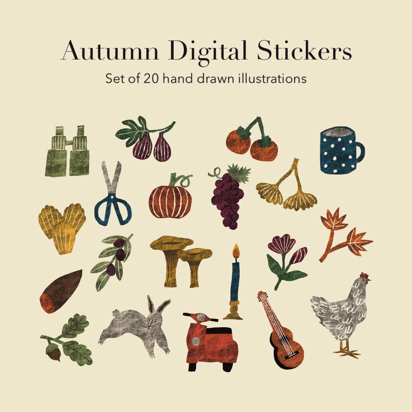Autumn Stickers PNG – Printable Sticker Sheet & Clipart Pack, Cozy Hand-Drawn Digital Download for Planners, Bujo, Scrapbooking