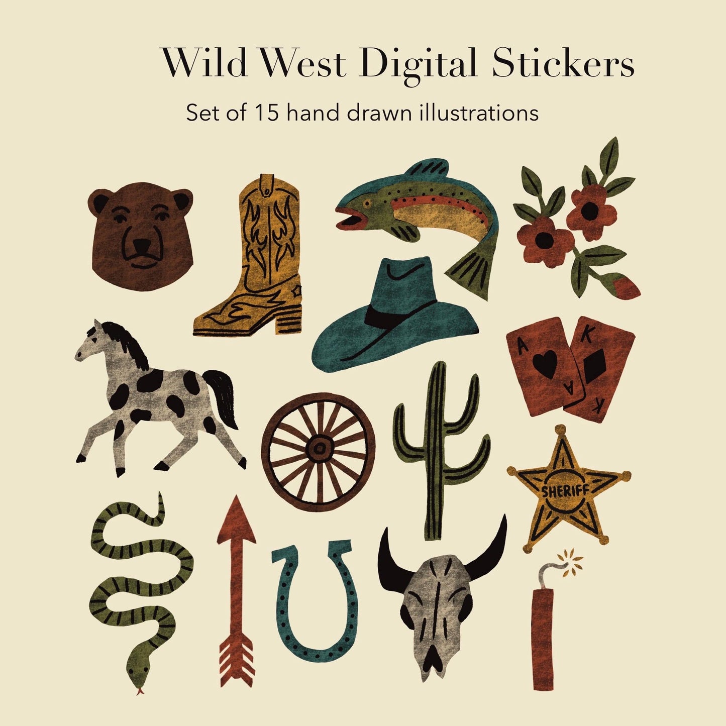 Wild West Stickers PNG – Printable Sticker Sheet & Clipart Pack, Cozy Hand-Drawn Digital Download for Planners, Bujo, Scrapbooking